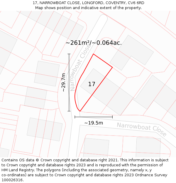 17, NARROWBOAT CLOSE, LONGFORD, COVENTRY, CV6 6RD: Plot and title map