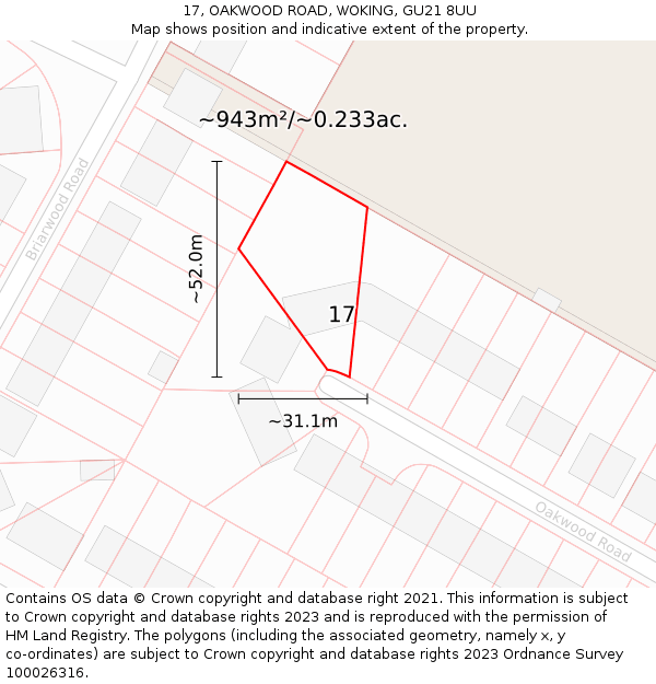 17, OAKWOOD ROAD, WOKING, GU21 8UU: Plot and title map