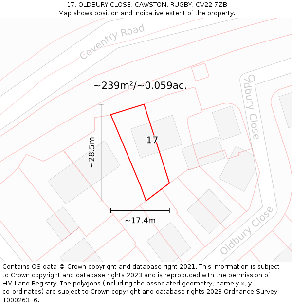 17, OLDBURY CLOSE, CAWSTON, RUGBY, CV22 7ZB: Plot and title map