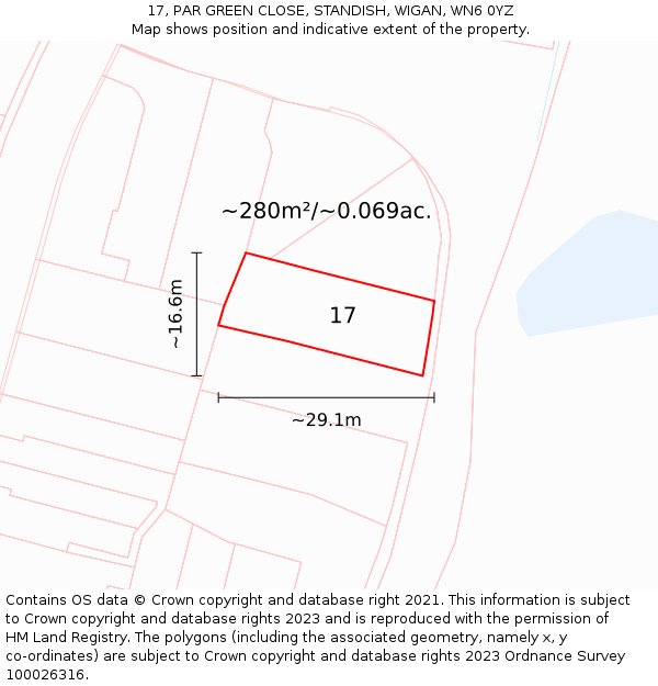 17, PAR GREEN CLOSE, STANDISH, WIGAN, WN6 0YZ: Plot and title map