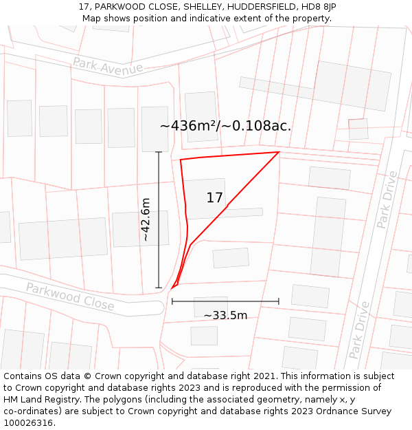 17, PARKWOOD CLOSE, SHELLEY, HUDDERSFIELD, HD8 8JP: Plot and title map