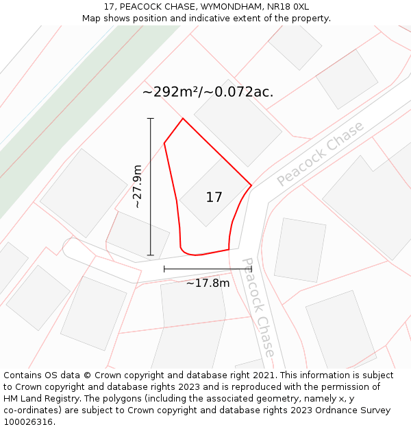 17, PEACOCK CHASE, WYMONDHAM, NR18 0XL: Plot and title map