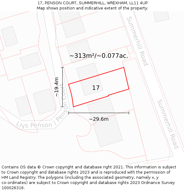 17, PENSON COURT, SUMMERHILL, WREXHAM, LL11 4UP: Plot and title map