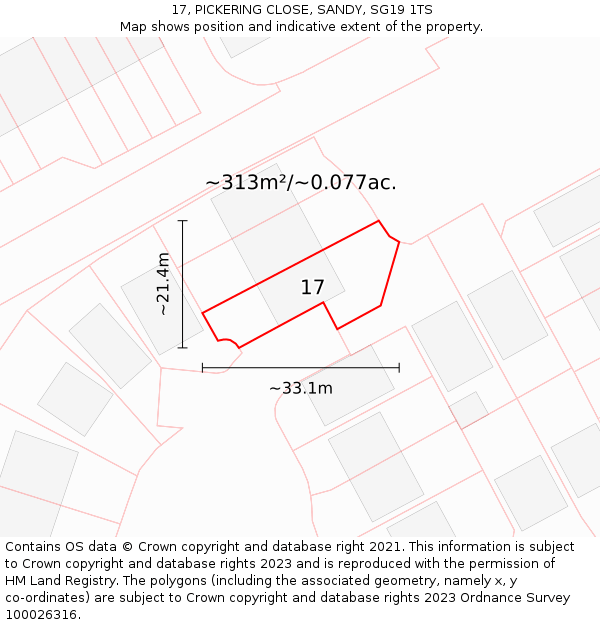 17, PICKERING CLOSE, SANDY, SG19 1TS: Plot and title map