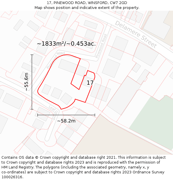 17, PINEWOOD ROAD, WINSFORD, CW7 2GD: Plot and title map