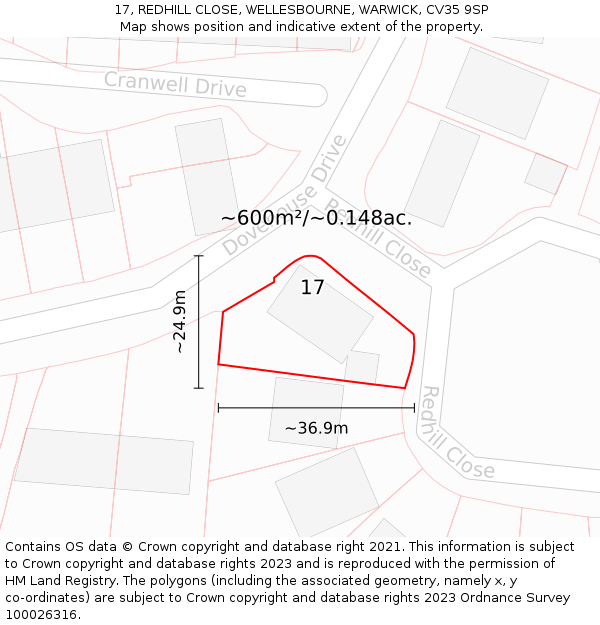 17, REDHILL CLOSE, WELLESBOURNE, WARWICK, CV35 9SP: Plot and title map