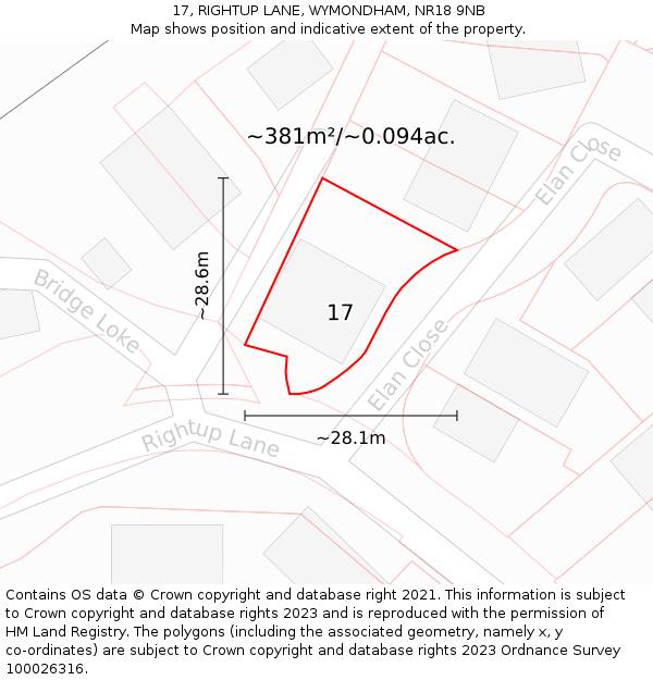 17, RIGHTUP LANE, WYMONDHAM, NR18 9NB: Plot and title map