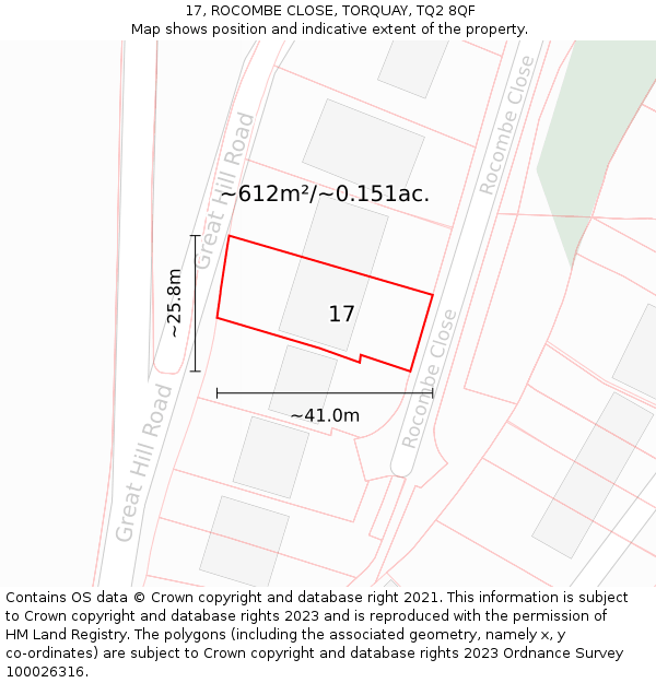 17, ROCOMBE CLOSE, TORQUAY, TQ2 8QF: Plot and title map