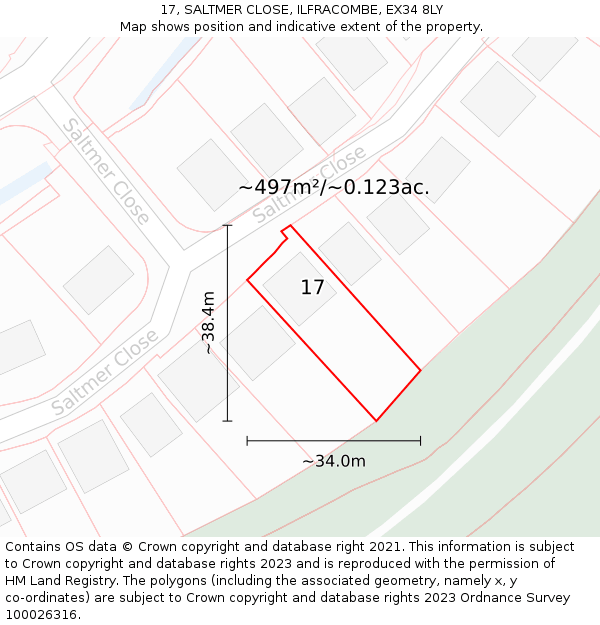 17, SALTMER CLOSE, ILFRACOMBE, EX34 8LY: Plot and title map