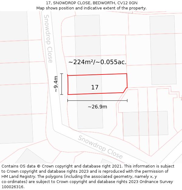 17, SNOWDROP CLOSE, BEDWORTH, CV12 0GN: Plot and title map