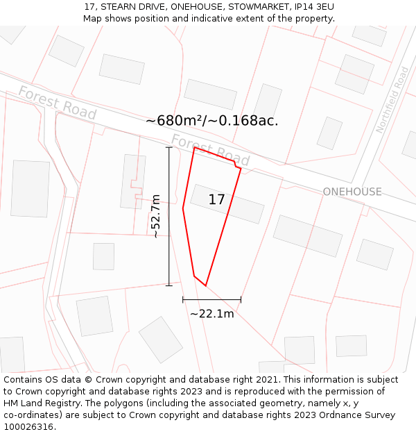 17, STEARN DRIVE, ONEHOUSE, STOWMARKET, IP14 3EU: Plot and title map