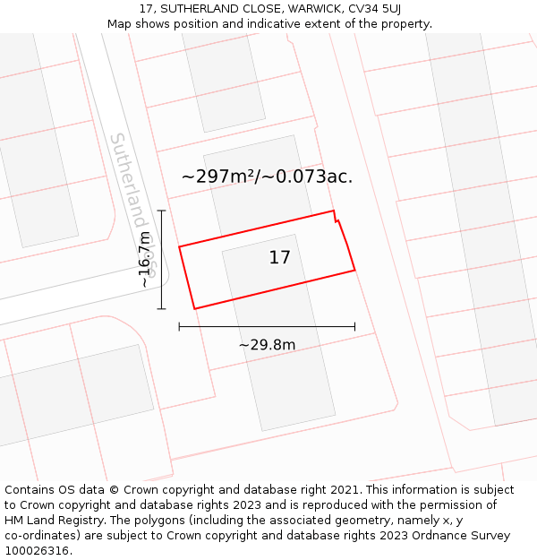 17, SUTHERLAND CLOSE, WARWICK, CV34 5UJ: Plot and title map