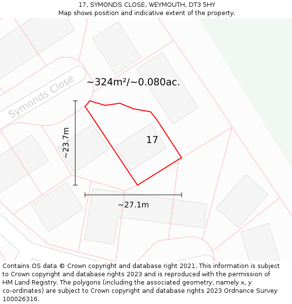 17, SYMONDS CLOSE, WEYMOUTH, DT3 5HY: Plot and title map