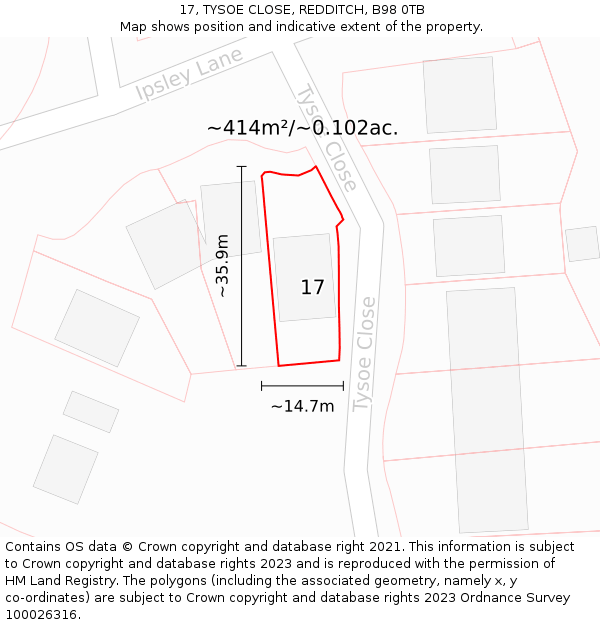 17, TYSOE CLOSE, REDDITCH, B98 0TB: Plot and title map