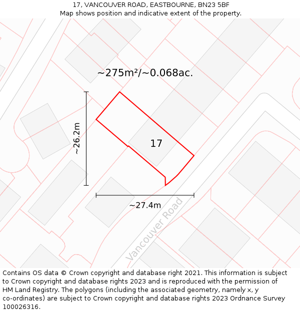 17, VANCOUVER ROAD, EASTBOURNE, BN23 5BF: Plot and title map