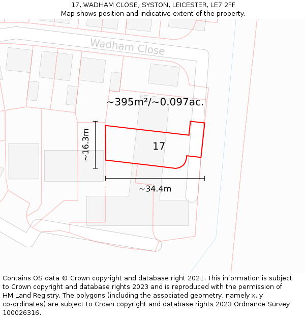 17, WADHAM CLOSE, SYSTON, LEICESTER, LE7 2FF: Plot and title map