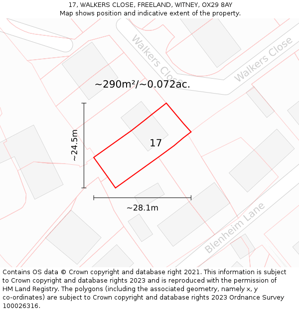 17, WALKERS CLOSE, FREELAND, WITNEY, OX29 8AY: Plot and title map