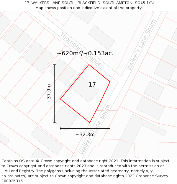 17, WALKERS LANE SOUTH, BLACKFIELD, SOUTHAMPTON, SO45 1YN: Plot and title map