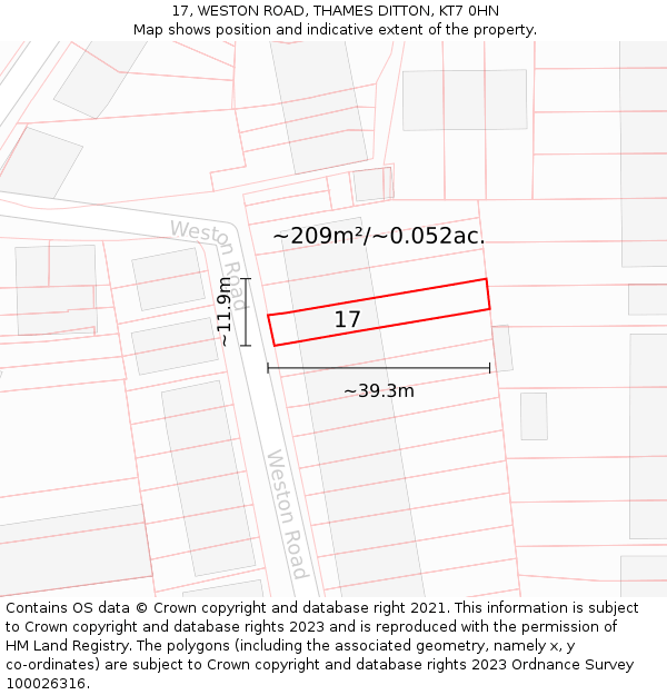 17, WESTON ROAD, THAMES DITTON, KT7 0HN: Plot and title map