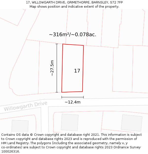 17, WILLOWGARTH DRIVE, GRIMETHORPE, BARNSLEY, S72 7FP: Plot and title map