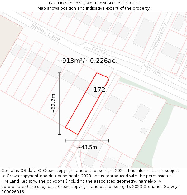 172, HONEY LANE, WALTHAM ABBEY, EN9 3BE: Plot and title map