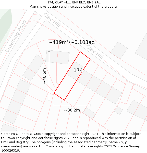 174, CLAY HILL, ENFIELD, EN2 9AL: Plot and title map