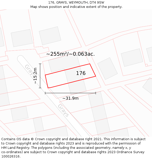 176, GRAYS, WEYMOUTH, DT4 9SW: Plot and title map