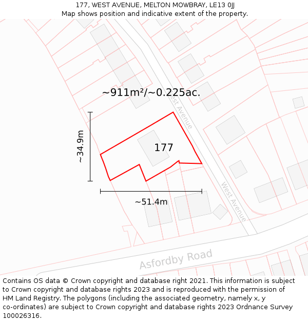 177, WEST AVENUE, MELTON MOWBRAY, LE13 0JJ: Plot and title map