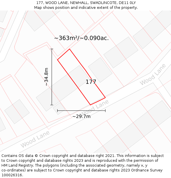 177, WOOD LANE, NEWHALL, SWADLINCOTE, DE11 0LY: Plot and title map