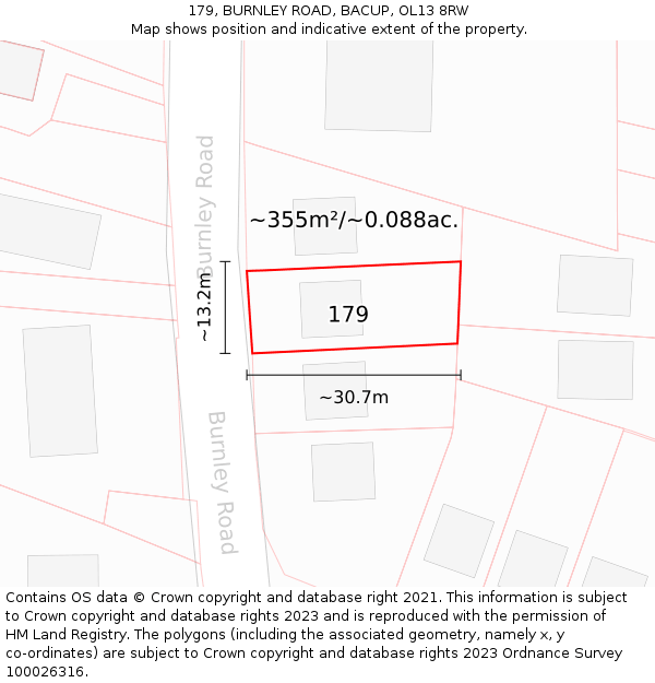 179, BURNLEY ROAD, BACUP, OL13 8RW: Plot and title map