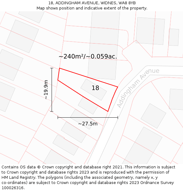 18, ADDINGHAM AVENUE, WIDNES, WA8 8YB: Plot and title map