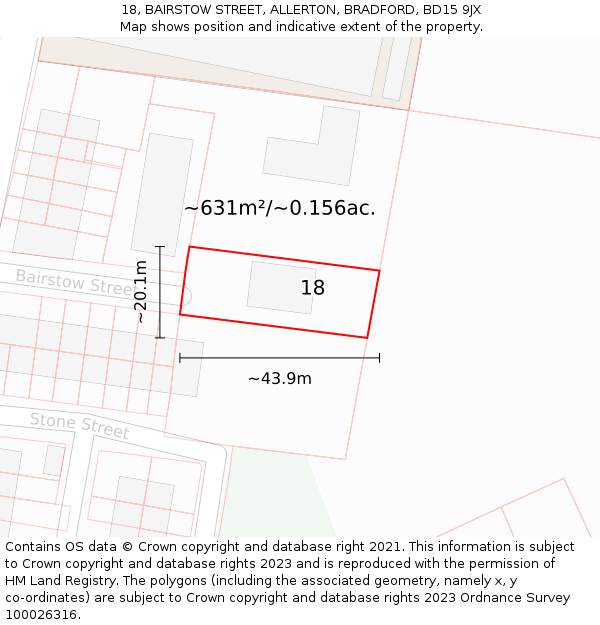 18, BAIRSTOW STREET, ALLERTON, BRADFORD, BD15 9JX: Plot and title map