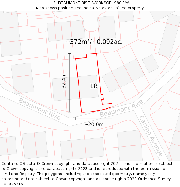 18, BEAUMONT RISE, WORKSOP, S80 1YA: Plot and title map