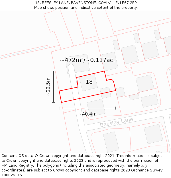 18, BEESLEY LANE, RAVENSTONE, COALVILLE, LE67 2EP: Plot and title map