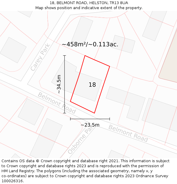 18, BELMONT ROAD, HELSTON, TR13 8UA: Plot and title map