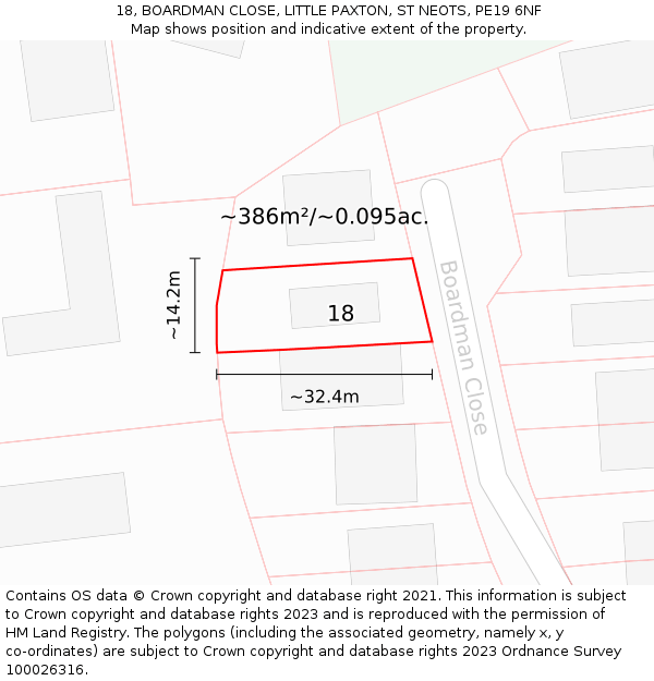 18, BOARDMAN CLOSE, LITTLE PAXTON, ST NEOTS, PE19 6NF: Plot and title map