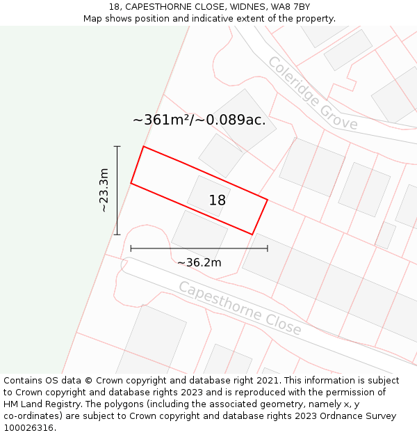 18, CAPESTHORNE CLOSE, WIDNES, WA8 7BY: Plot and title map