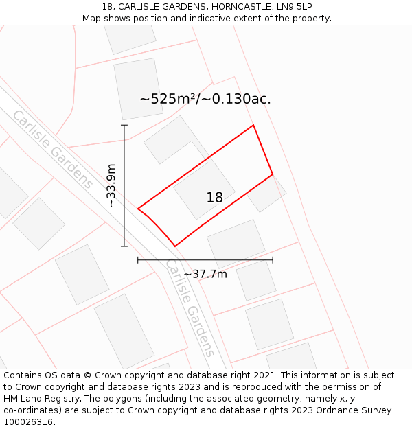 18, CARLISLE GARDENS, HORNCASTLE, LN9 5LP: Plot and title map