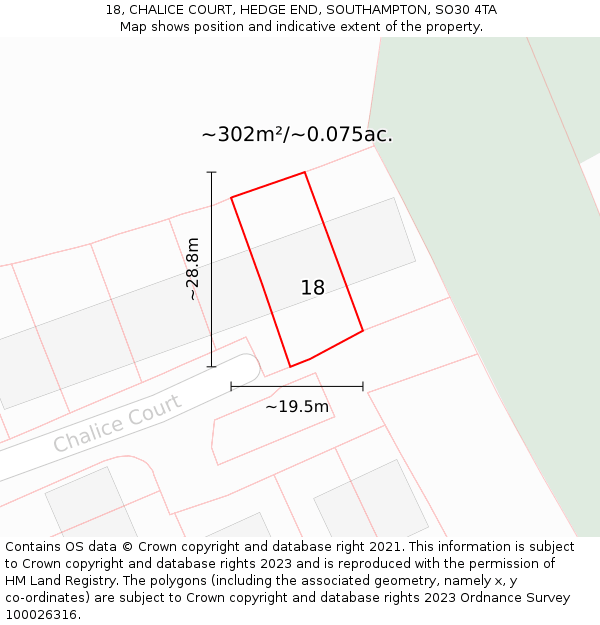 18, CHALICE COURT, HEDGE END, SOUTHAMPTON, SO30 4TA: Plot and title map