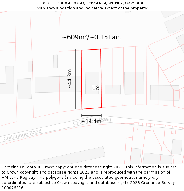 18, CHILBRIDGE ROAD, EYNSHAM, WITNEY, OX29 4BE: Plot and title map