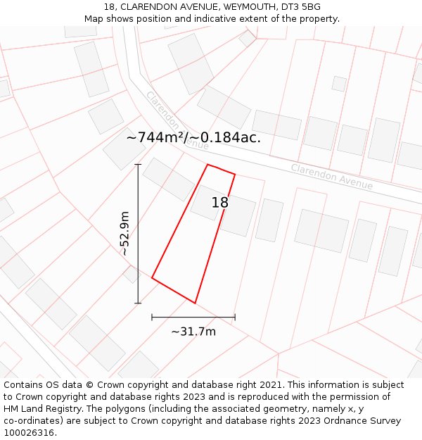 18, CLARENDON AVENUE, WEYMOUTH, DT3 5BG: Plot and title map