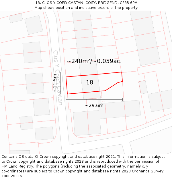 18, CLOS Y COED CASTAN, COITY, BRIDGEND, CF35 6PA: Plot and title map
