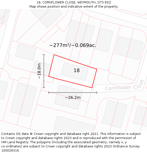 18, CORNFLOWER CLOSE, WEYMOUTH, DT3 6SZ: Plot and title map