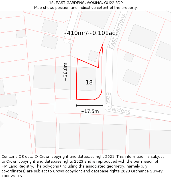 18, EAST GARDENS, WOKING, GU22 8DP: Plot and title map