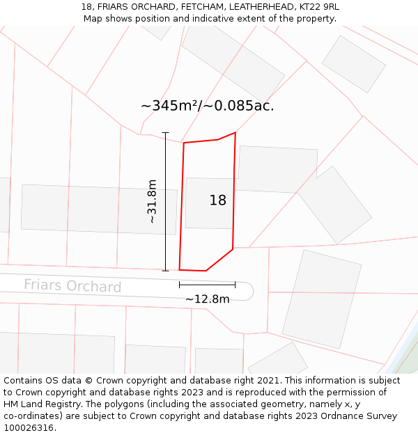 18, FRIARS ORCHARD, FETCHAM, LEATHERHEAD, KT22 9RL: Plot and title map