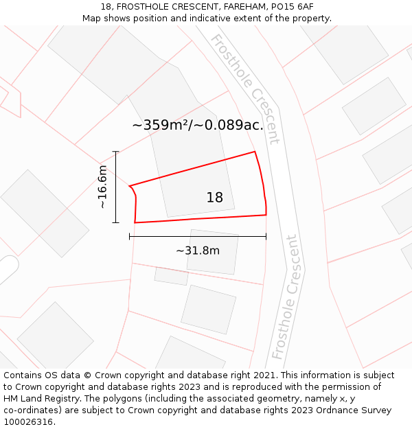 18, FROSTHOLE CRESCENT, FAREHAM, PO15 6AF: Plot and title map