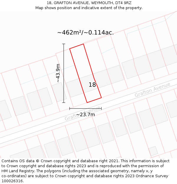 18, GRAFTON AVENUE, WEYMOUTH, DT4 9RZ: Plot and title map