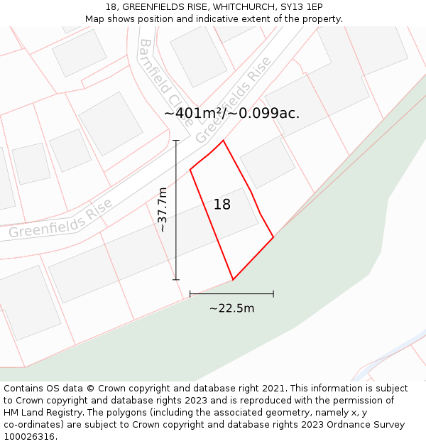 18, GREENFIELDS RISE, WHITCHURCH, SY13 1EP: Plot and title map