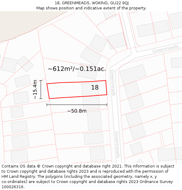 18, GREENMEADS, WOKING, GU22 9QJ: Plot and title map