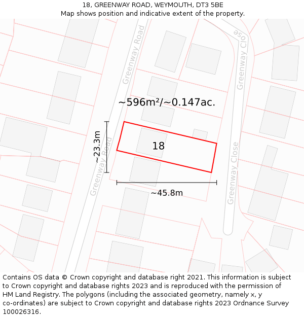 18, GREENWAY ROAD, WEYMOUTH, DT3 5BE: Plot and title map